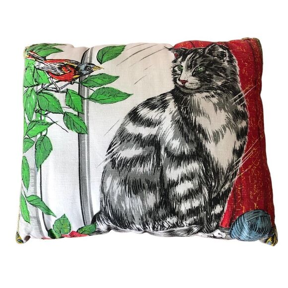 Gray Tabby Cat Yarn Bird Tree Branch Pillow Tea Towel Calendar 2000 Kay Dee 9x12 - Picture 1 of 11